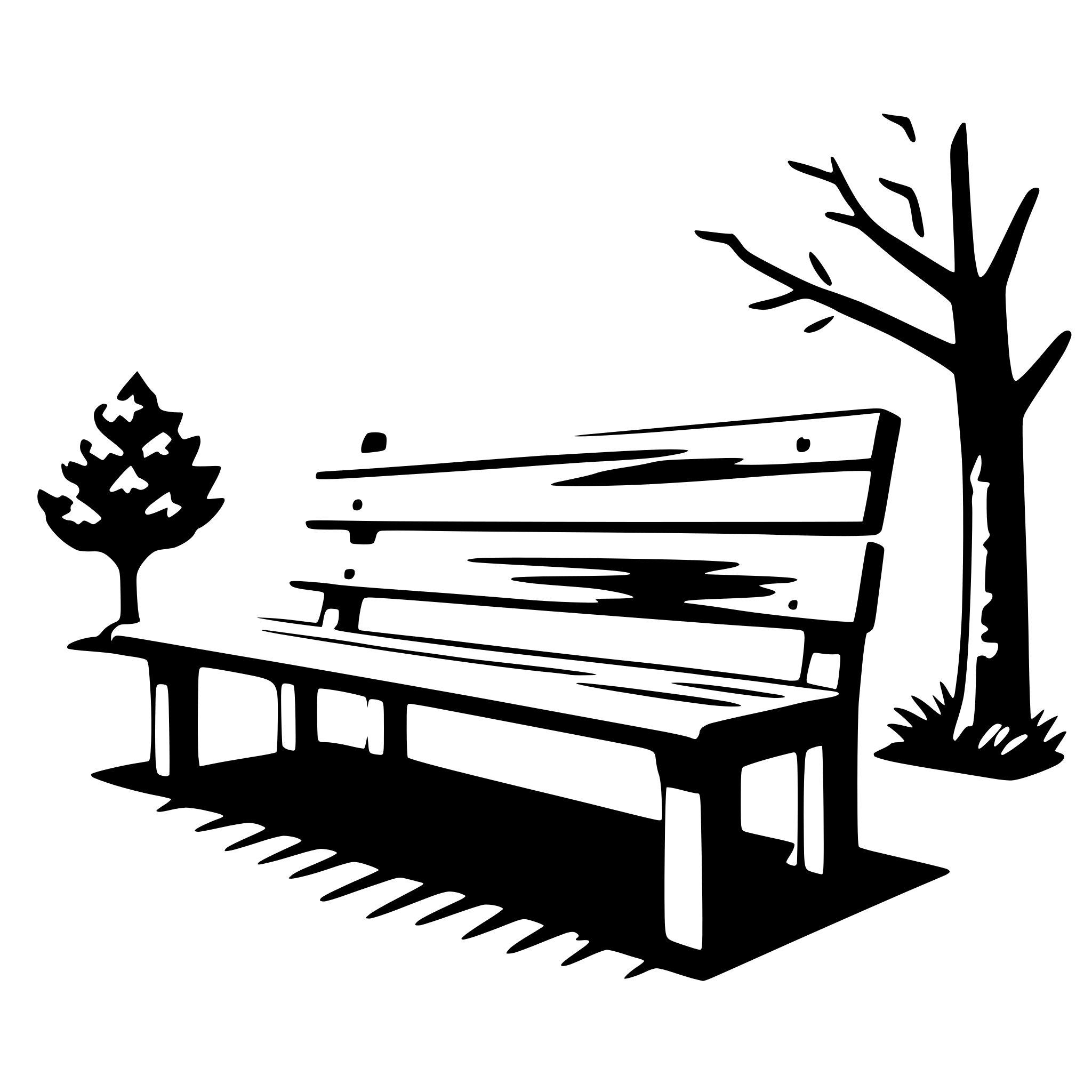 The SVG depicts a simple, stylized scene. There is a wooden bench with a slatted backrest, positioned on a grassy area. To the left of the bench, there is a small tree with a thin trunk and a few branches. The bench is casting a shadow on the ground, indicating that the sun is low in the sky, possibly suggesting either early morning or late afternoon. The overall style is minimalistic and appears to be a vector illustration. 