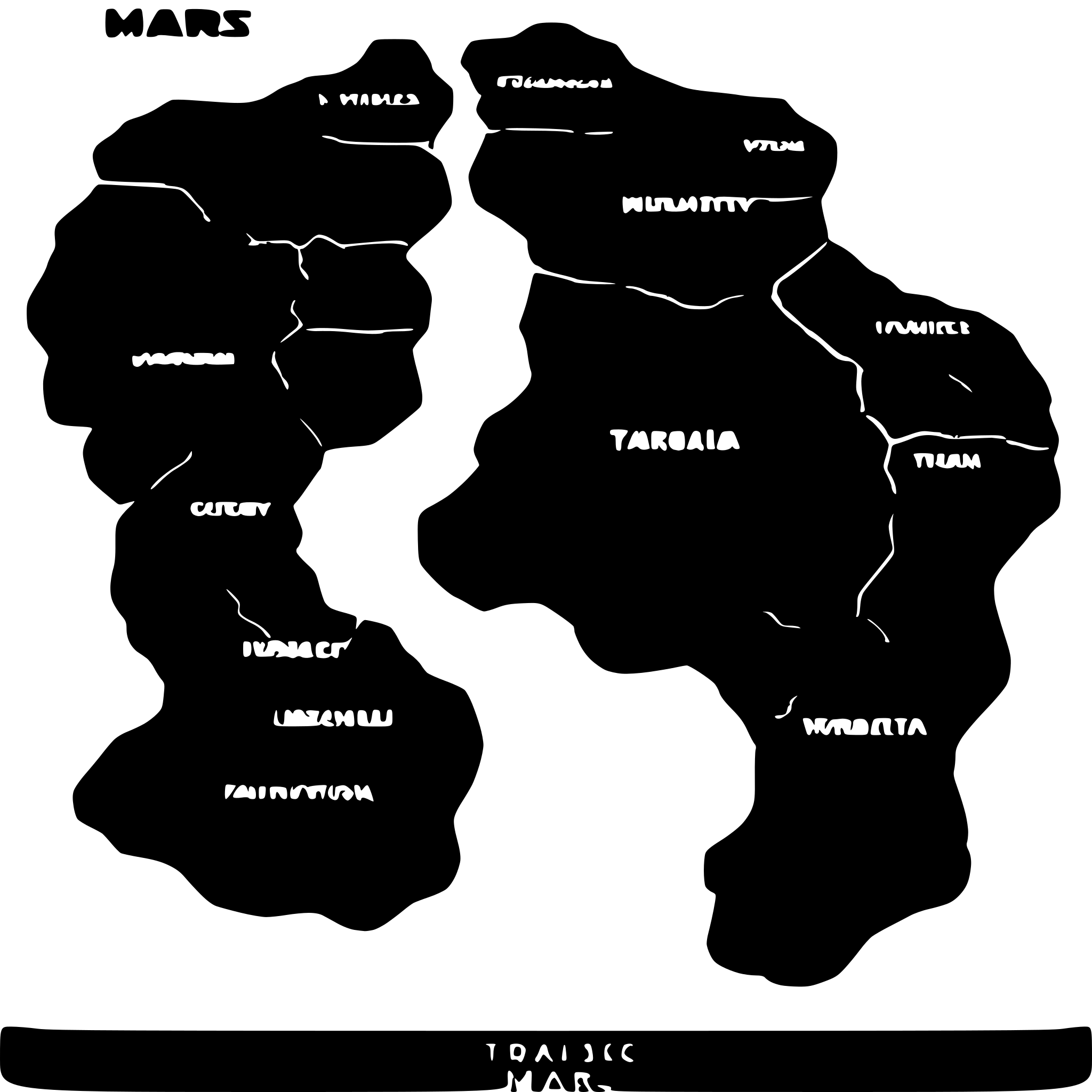 AI-generated SVG of a Political map of terraformed Mars with divisions and provinces labelled, hypothetical planet
