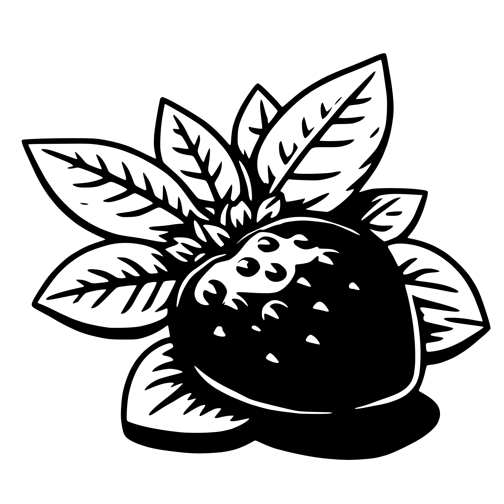 The SVG depicts a stylized blackberry with a leafy stem, rendered in a simple, line-art style. The blackberry is the central object, with a textured surface that suggests its characteristic dark color and small, round seeds. The stem is composed of multiple leaf-like shapes, which are arranged in a symmetrical pattern around the blackberry, giving the impression of a plant. The leaves are detailed with vein-like patterns, adding to the botanical realism of the illustration. The overall design is clean and minimalistic, with no additional text or elements present. 