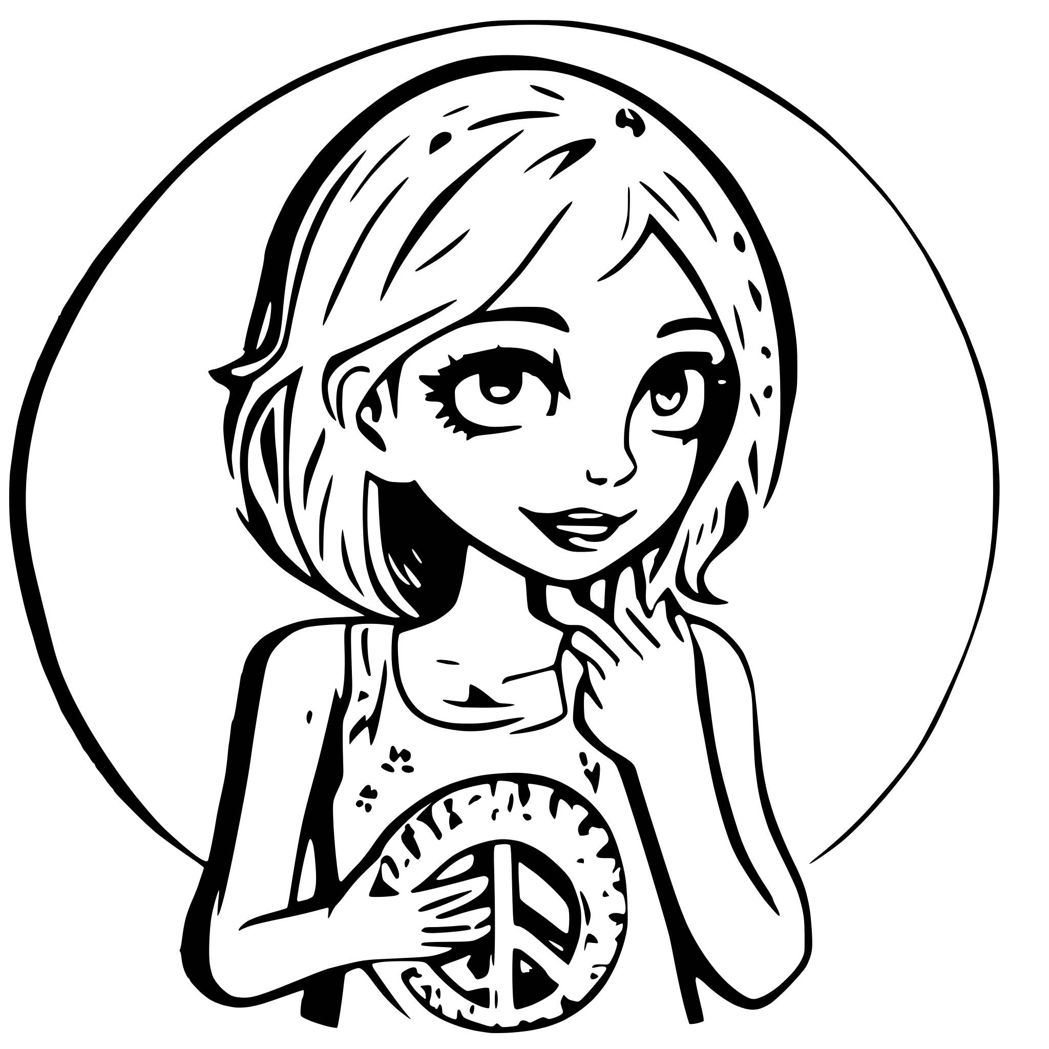 AI-generated SVG of a Cute smiling zombie girl encircled in a coin with stars and moon in the background. Wearing a tank top and showing peace sign with her hand. you can see her from head to knees