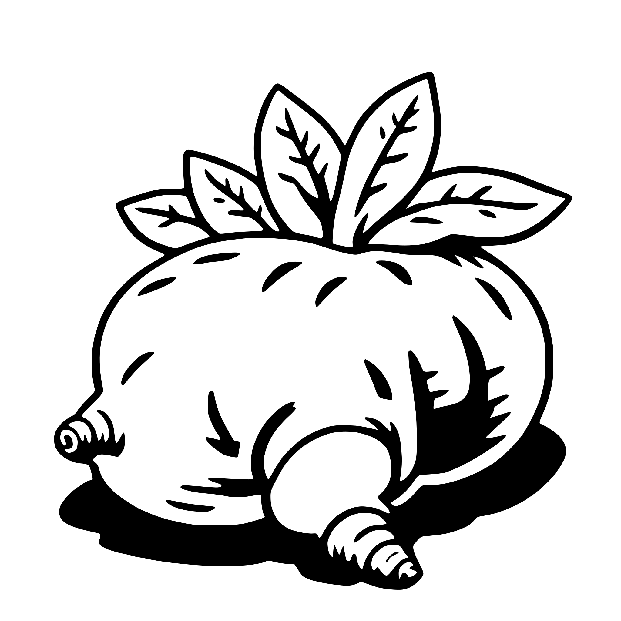 The SVG depicts a stylized, cartoon-like illustration of a plant with a large, round root vegetable. The plant has a prominent leaf with a serrated edge, and the root vegetable has a bulbous shape with a small stem at the top. The plant appears to be resting on the ground, and the root vegetable is partially buried, with the top part exposed. The illustration is simple and uses solid lines and shapes to convey the subject matter. 