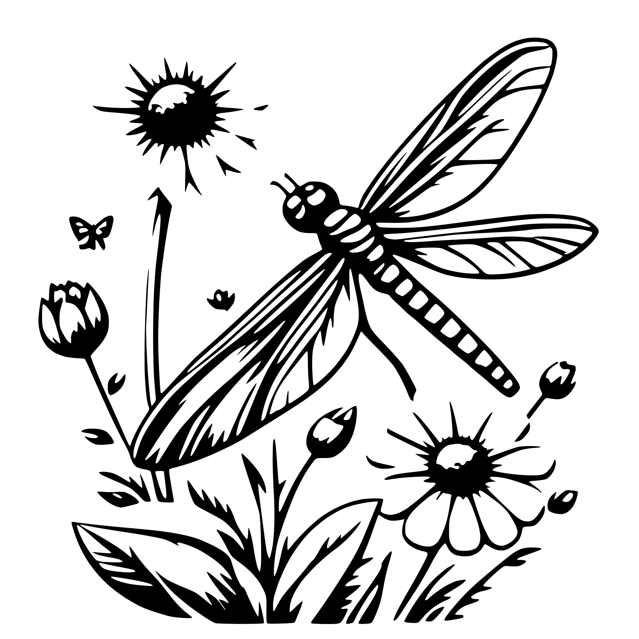 AI-generated SVG of a dragonfly and flowers