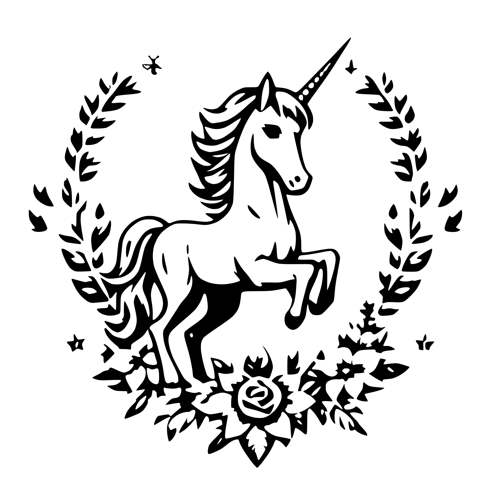 AI-generated SVG of 'beautiful unicorn with wings. add elements like diamond, snow flakes heart, flowers and other dreamy elements around them. fill the white area with elements'
