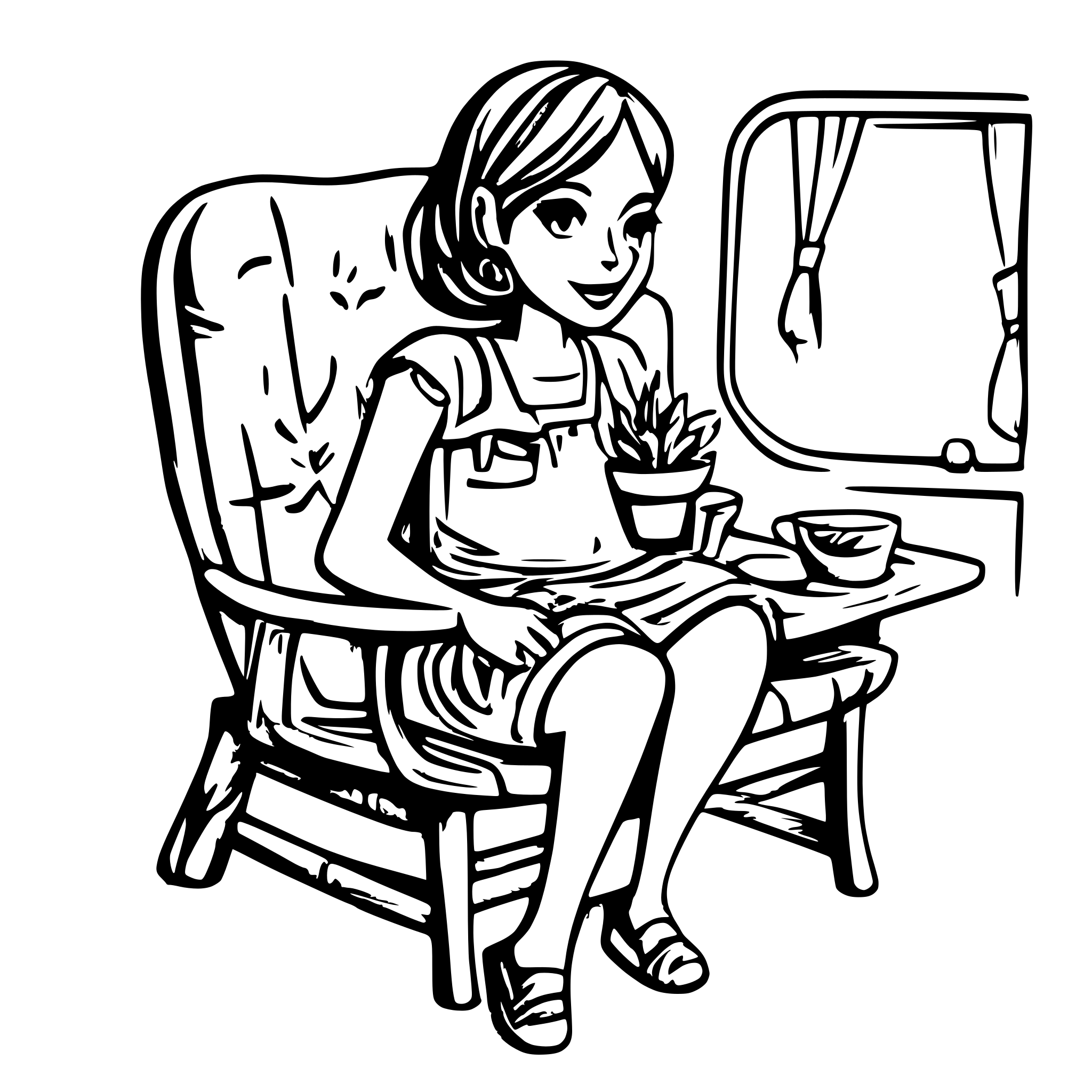 AI-generated SVG of a mid aged chubby lady with really short brown hair in a camping  chair add fifth wheel camper  swing a margarita