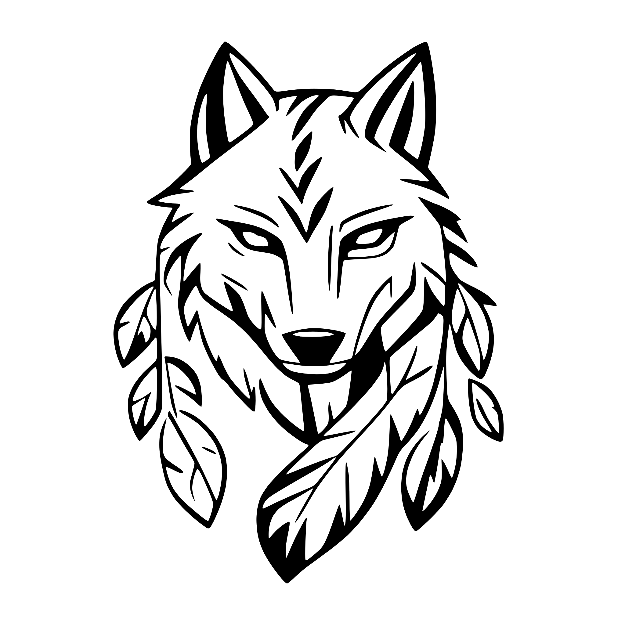 AI-generated SVG of 'tribal wolf head with feathers'