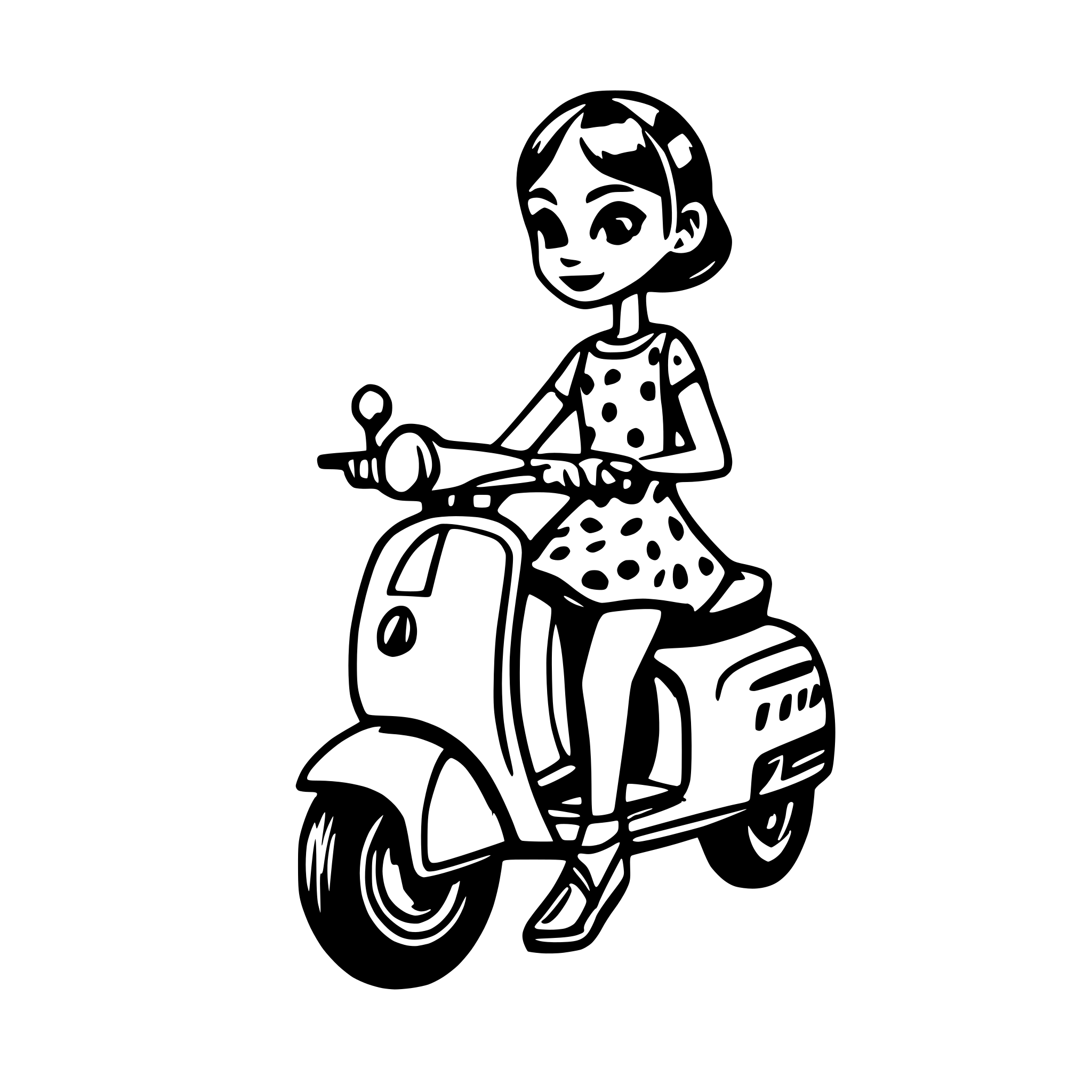 AI-generated SVG of a Girl on a driving vespa Scooter with short hair with a Polka dot dress