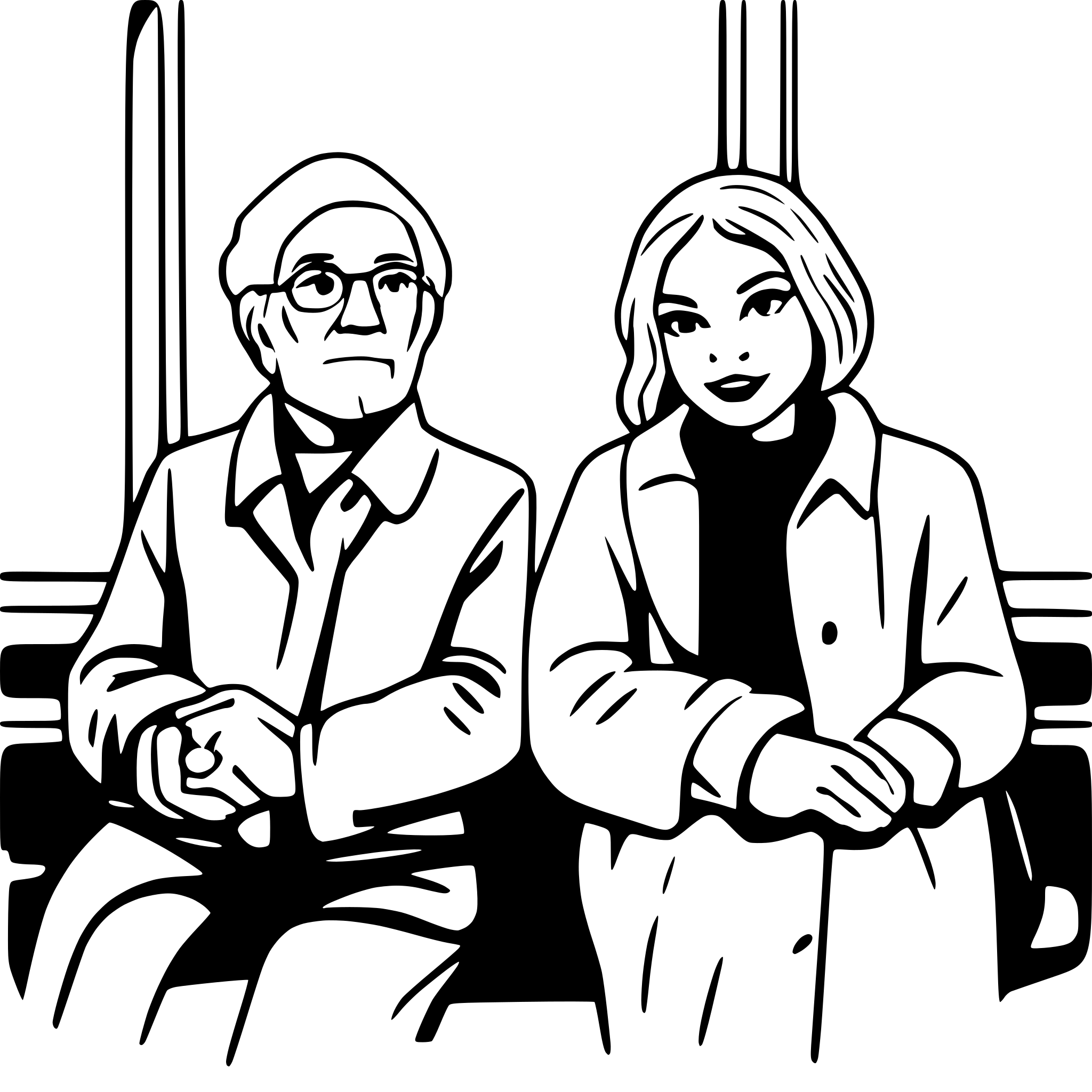 AI-generated SVG of a an old man and a young woman are traveling by train. show them sitting next to each other inside the train. show a sign Sinzheim and the berlin fernsehturm in the image.