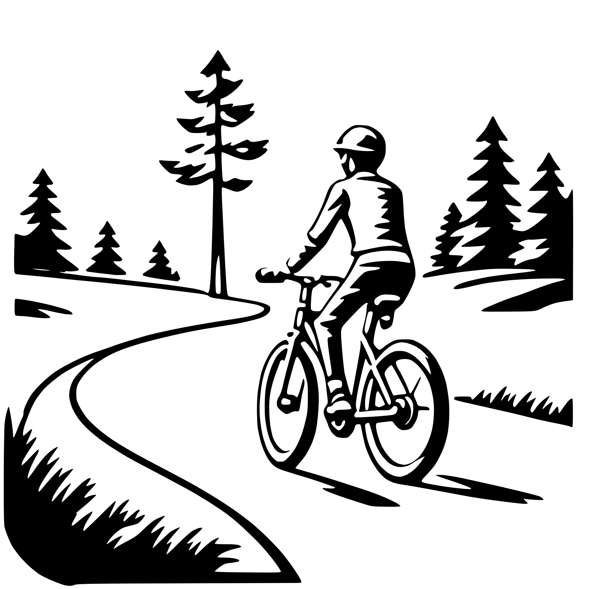 The SVG depicts a stylized scene of a person riding a bicycle on a winding road. The cyclist is wearing a helmet and appears to be in motion, with the bicycle's wheels and the rider's body leaning into the curve of the road. The road is flanked by trees on both sides, suggesting a rural or forested setting. The trees are depicted in a simplified manner, with their trunks and branches outlined in black against a lighter background. The overall style of the SVG is minimalistic and graphic, with a clear emphasis on the cyclist and the road. 