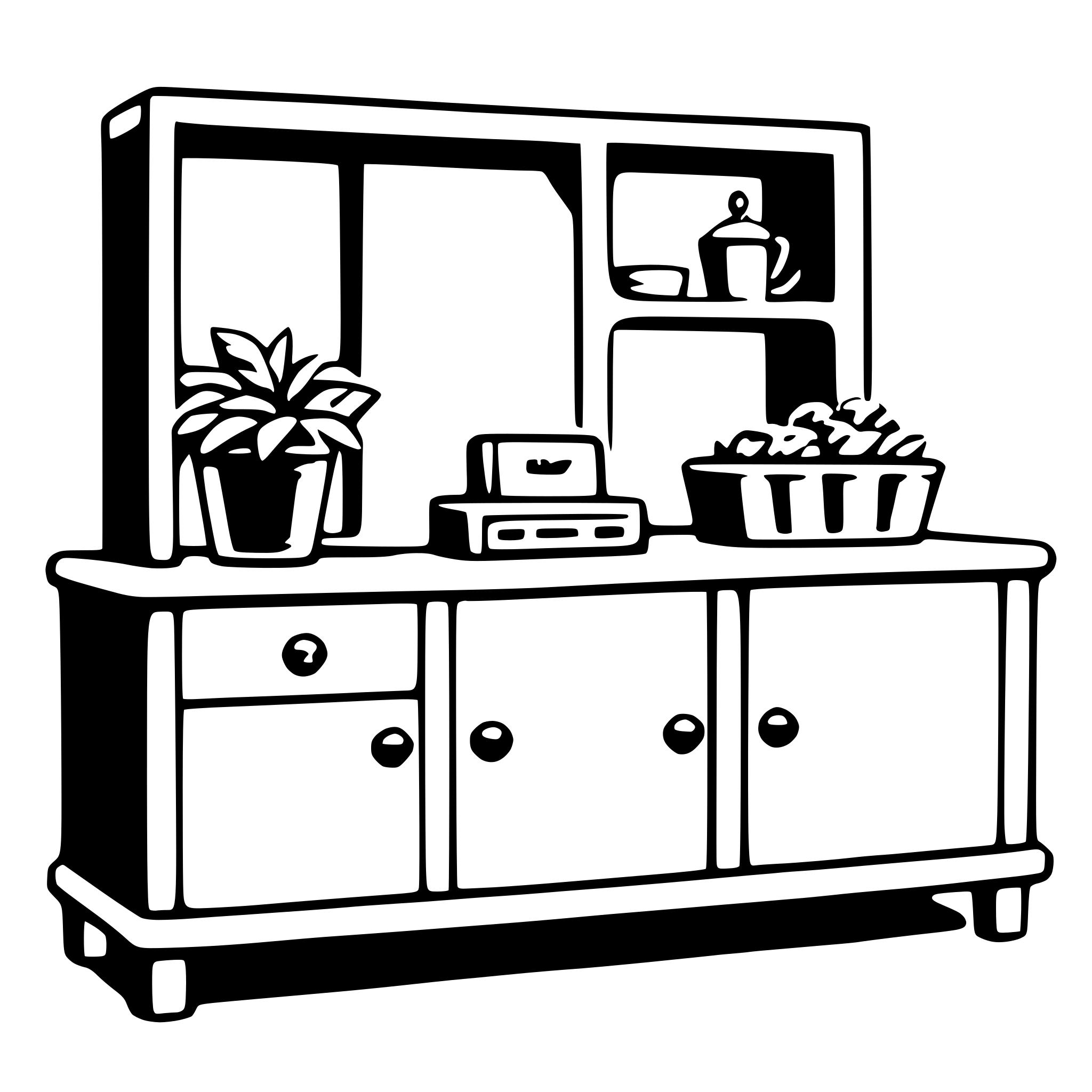 The SVG depicts a simple, stylized representation of a wooden sideboard or cabinet. The cabinet has a flat top surface and features three doors with round knobs. On the top of the cabinet, there are two potted plants, one on each side, and a small, rectangular object that could be a decorative item or a small electronic device. Below the top surface, there is a shelf with a single item on it, which appears to be a small, cylindrical container or vase. The cabinet is placed on four legs, and the overall style is minimalistic and cartoonish. 