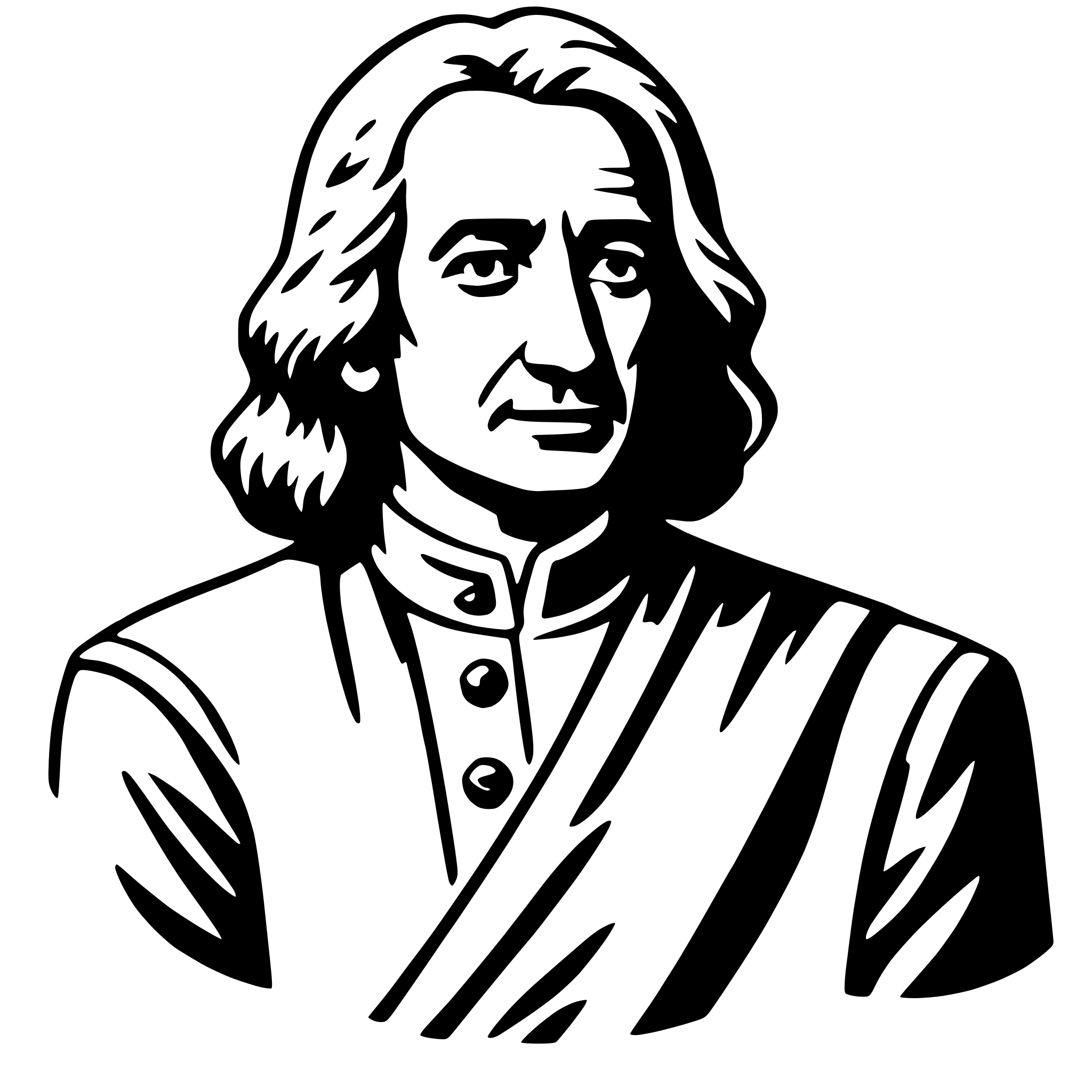 The SVG depicts a stylized black and white illustration of a man. He has long hair and a beard, and is wearing a collared shirt with a tie. The man is looking directly at the viewer, and his expression is neutral. The illustration is simple and lacks detail, focusing on the silhouette of the man's face and upper torso. The style is reminiscent of a caricature or a simplified portrait. 