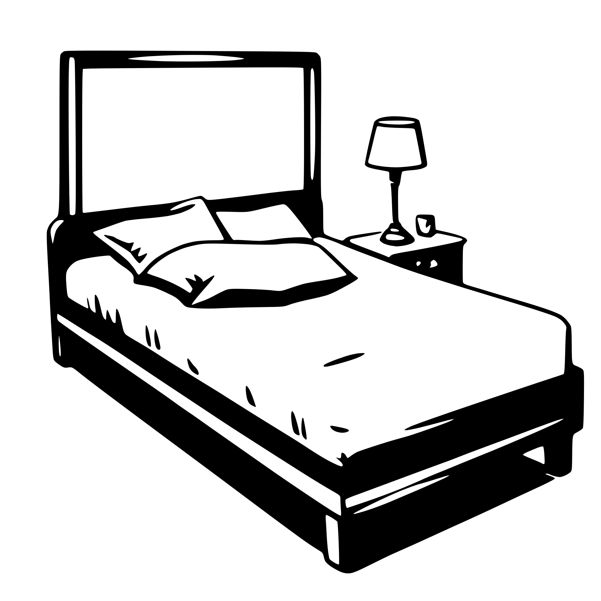 The SVG depicts a simple, stylized bed with a single pillow on it. The bed has a headboard and a footboard, and there is a nightstand with a lamp on it to the right of the bed. The bed is positioned against a plain background. The SVG is a vector graphic, which means it is composed of lines and shapes rather than shading or color gradients. The style is minimalistic and appears to be designed for a clean, uncluttered aesthetic. 