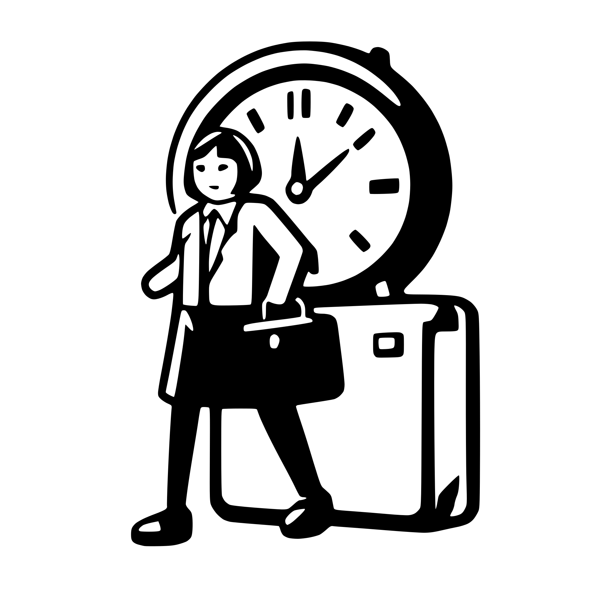 AI-generated SVG of a A working person where flying objects to the right and left such as: clock, calendar, message icon, phone icon, briefcase, task icon