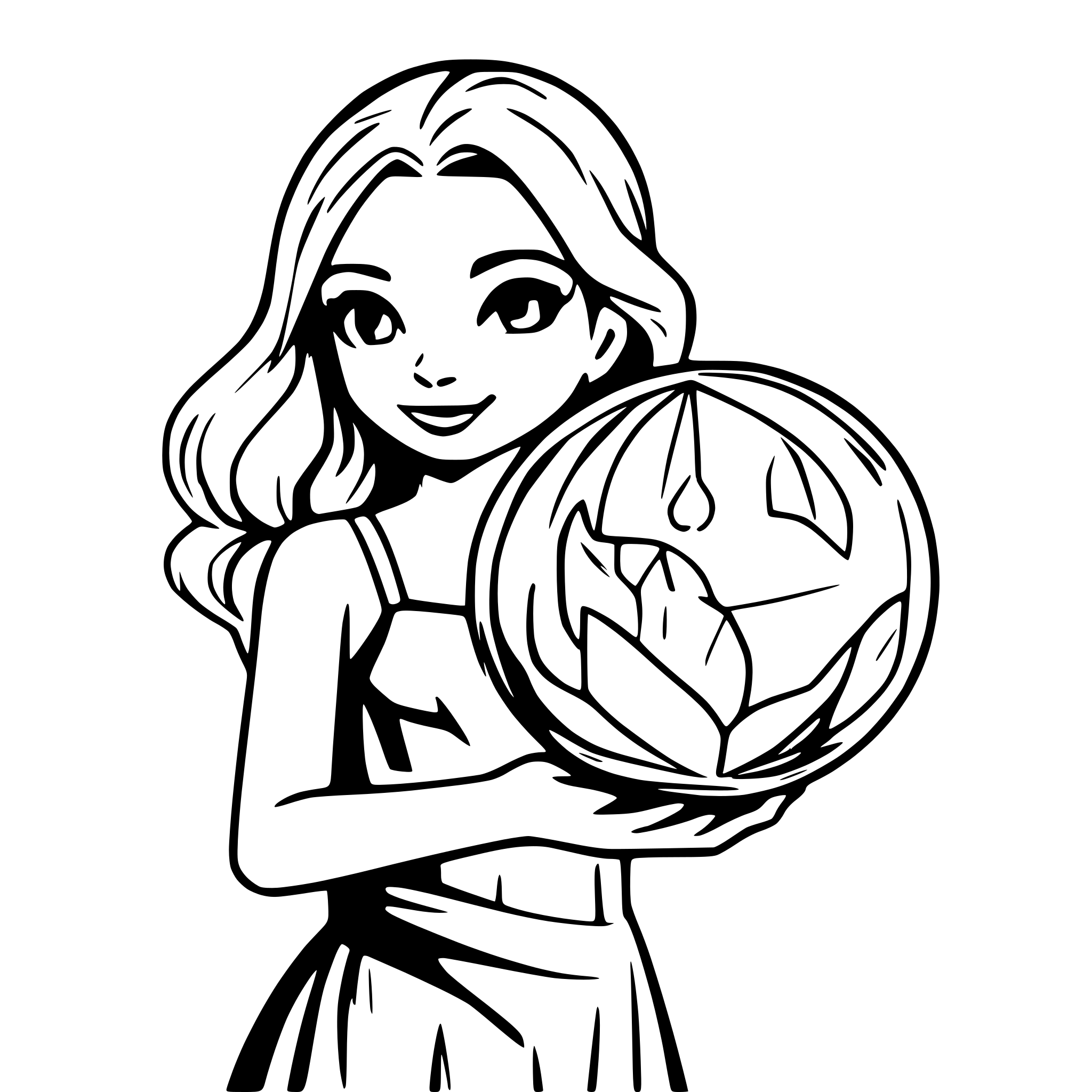 AI-generated SVG of a Mermaid spinning a magical orb with light in her hands. No background, only character outlines.