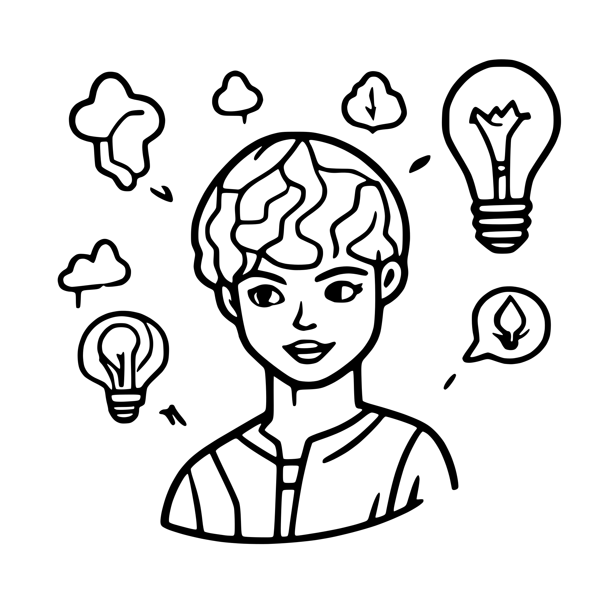 AI-generated SVG of a doodle that includes sketches of thought bubbles containing icons like lightbulbs, charts, or graphs to represent brainstorming and planning.