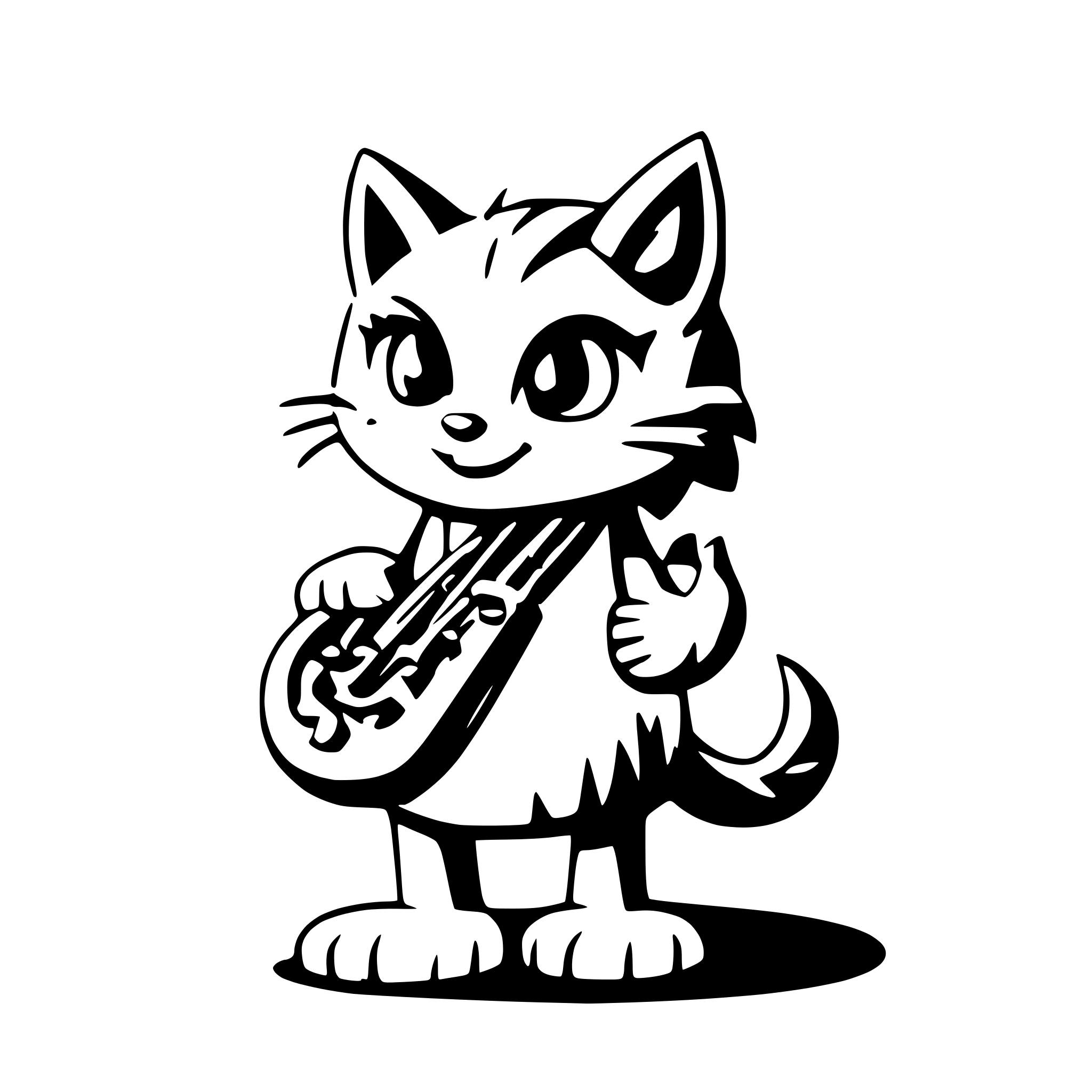 AI-generated SVG of a cute long haired cartoon cat playing a saxophone