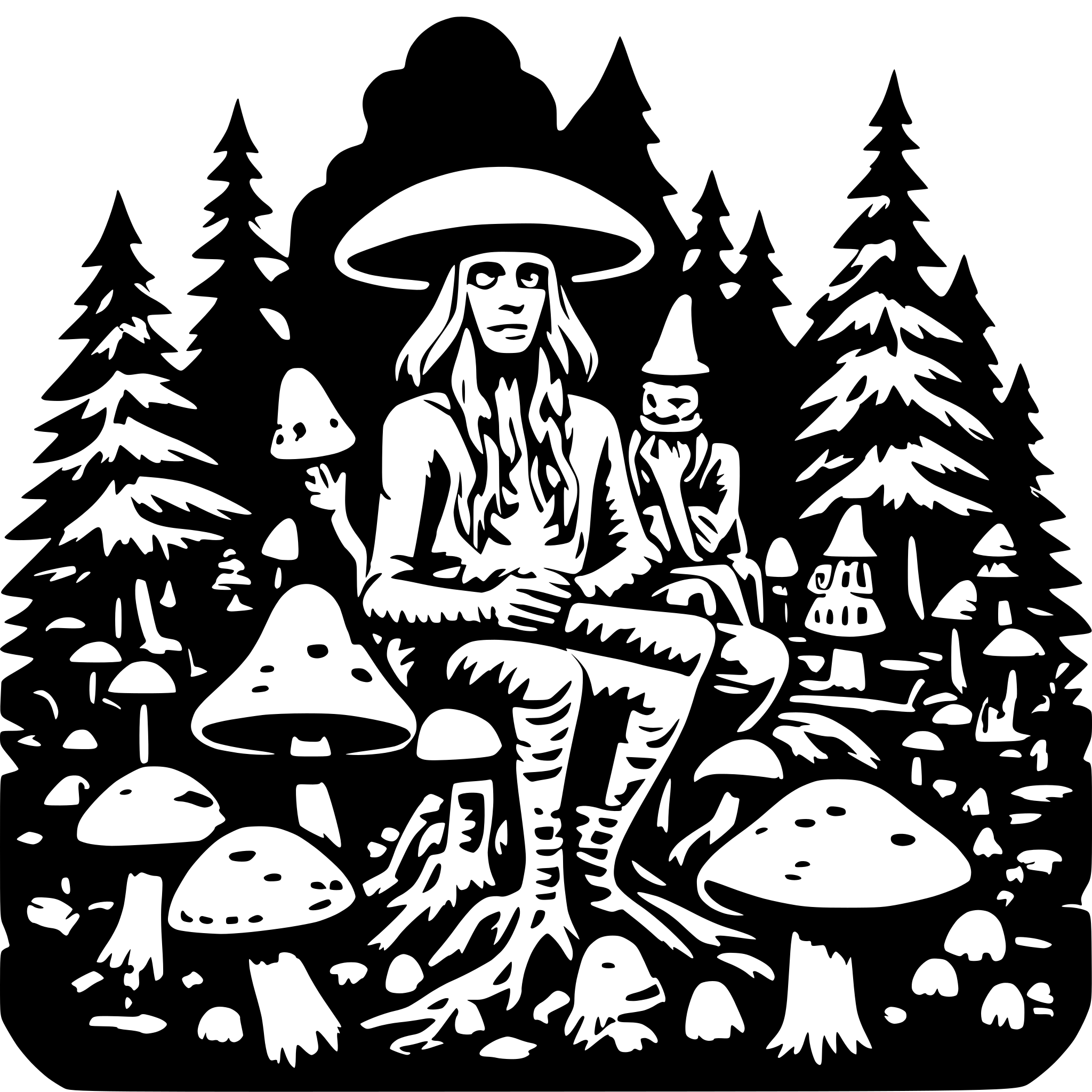 AI-generated SVG of a Aliens sitting on mushrooms in a psychedelic forest and wizard