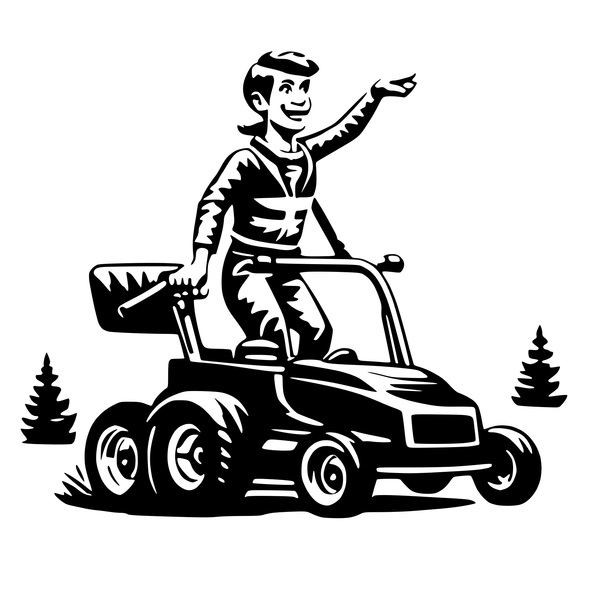 AI-generated SVG of 'funny flying man lawn mower'
