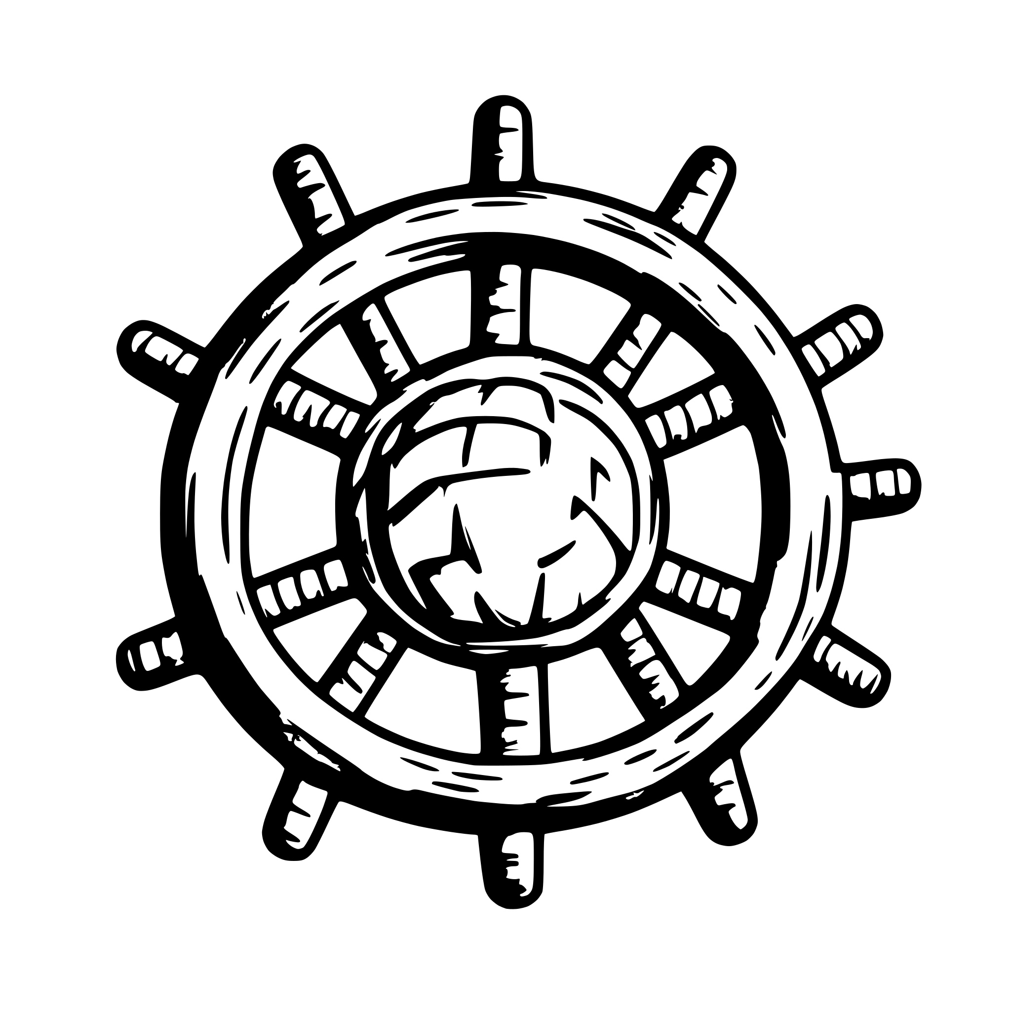 AI-generated SVG of a An old ship wheel with a ball of yarn forming the circular part, and knitting sticks creating 7 handles around the outside