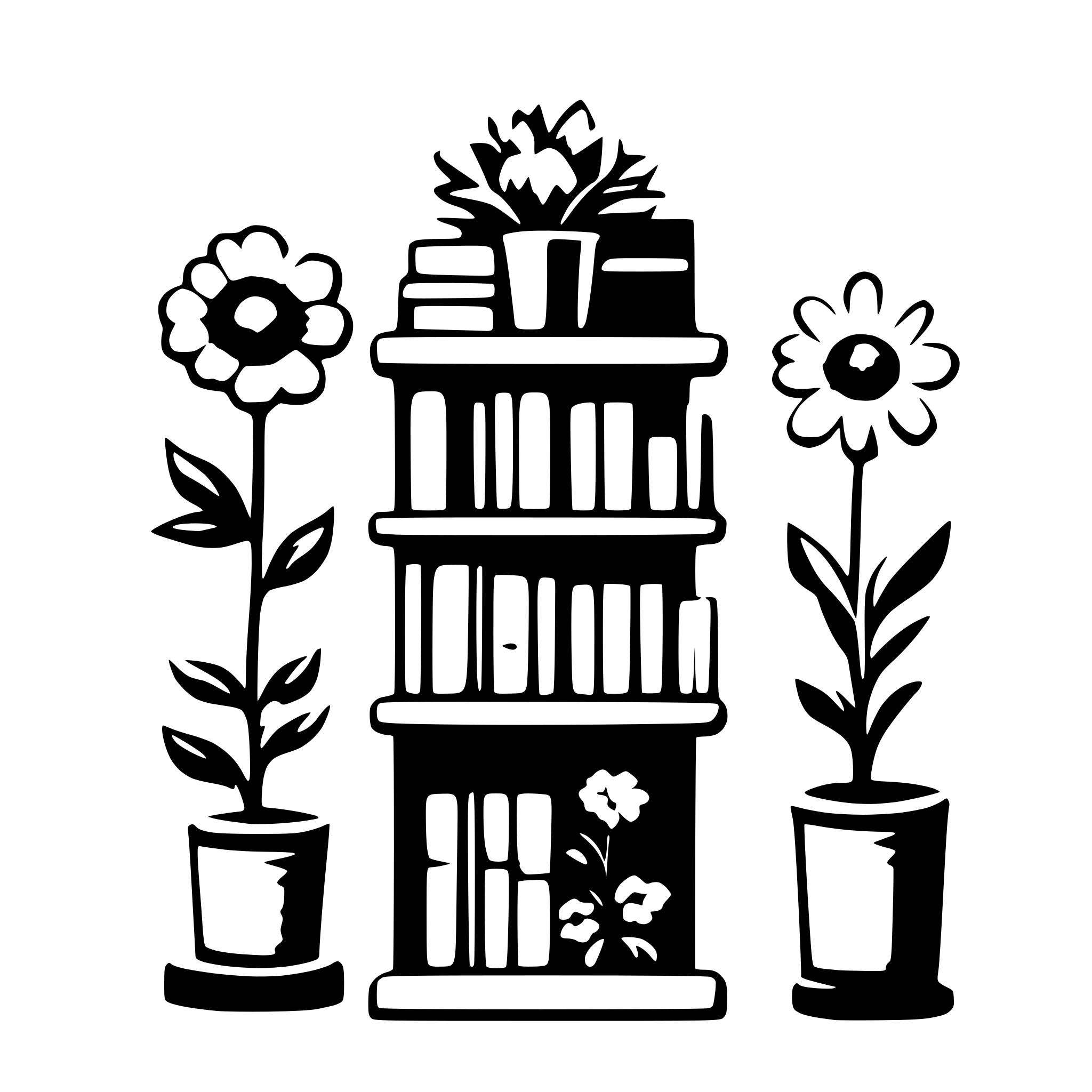 AI-generated SVG of a 11 books vertical on shelf with surrounding flowers AI-generated SVG of a 11 books vertical on shelf with surrounding flowers